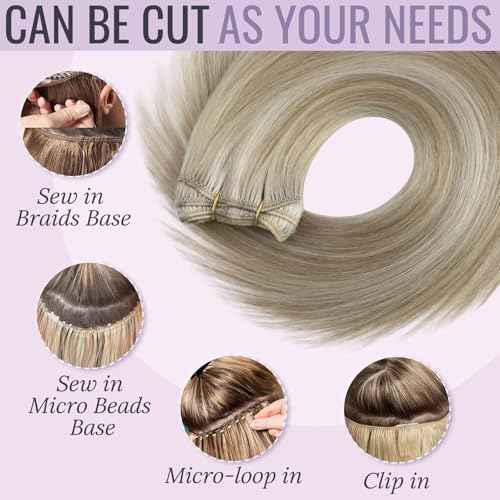 Fshine Weft Hair Extensions Human Hair 18 Sew in Remy Extensions Color Ash Blonde 18p613 Mixed with Bleach Blonde for Women 100g Brazilian