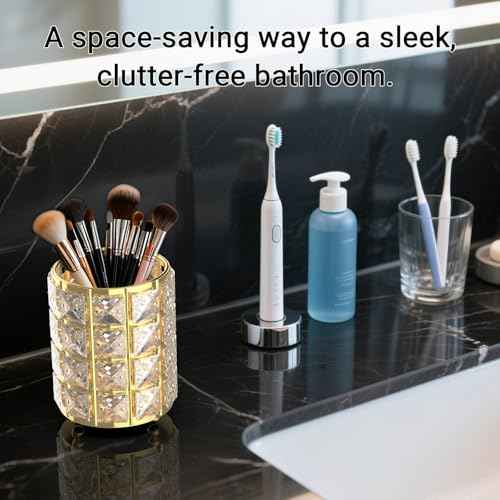 LUGUNU Makeup Brush Holder with Golden Crystal Bling ? Elegant Vanity Organizer for Brushes, Pens & Pencils, Ideal for Bathroom or Office Countertop(2Pack)