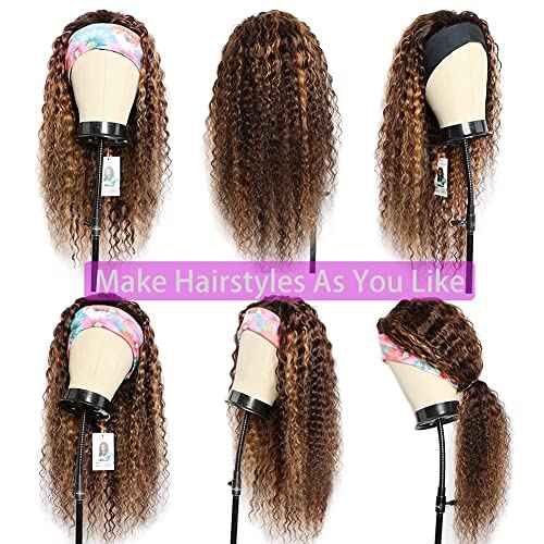 Ombre Honey Blonde Wig 4/27 Highlight Headband Human Hair Deep Wave Curly Colored 26 Inches