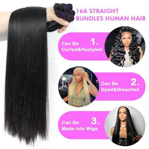 16A Straight Bundles Human Hair 100% Unprocessed Brazilian Virgin Hair Bundles Straight Hair 3 Bundles Remy Hair Extensions for Black Women