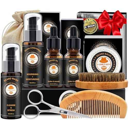 XIKEZAN Mens Gifts, Beard Grooming Kit with Sweet Orange Beard Wash,Oil, Conditioner,Balm,Brush,Comb,Cool Mens Christmas Secret Santa Gifts for Dad Husband Grandpa Boyfriend Him Stocking Stuffers