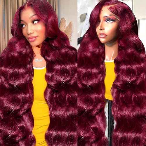 Body Wave Human Hair Wigs for Women Glueless HD Lace Front Wigs Human Hair Body Wave 180 Density Lace Frontal Wigs Human Hair Pre Plucked Body Wave (99J Burgundy wigs, 30 Inch)