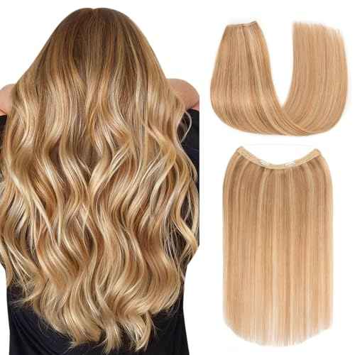 Halo Hair Extensions Real Human Hair, S-noilite Hair Halo Extensions for Women 22inch Golden Brown/Bleach Blonde Halo Extensions Invisible Wire HairExtensions