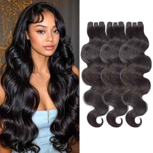 Wequeen 16A Body Wave Human Hair Bundles 14 16 18 Inch 100% Unprocessed Brazilian Virgin Hair Quick Weave Bundles Human Hair Extensions Real Human Hair, Natural Black