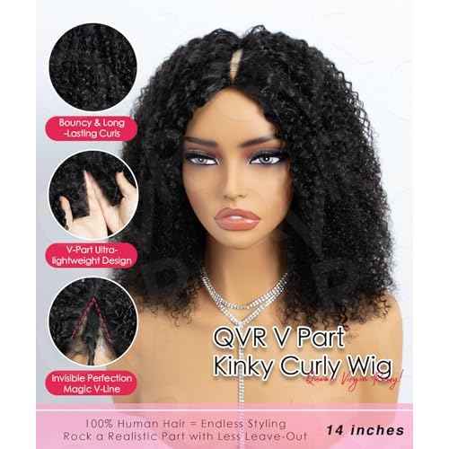 QUEEN VIRGIN REMY QVR Lace V-Part Wig Human Hair Kinky Curly No Leave Out V Shape Full Head Clip In Half Wig with Drawstring Natural Black Curly U Part Human Hair Wig for Black Women 14 Inch