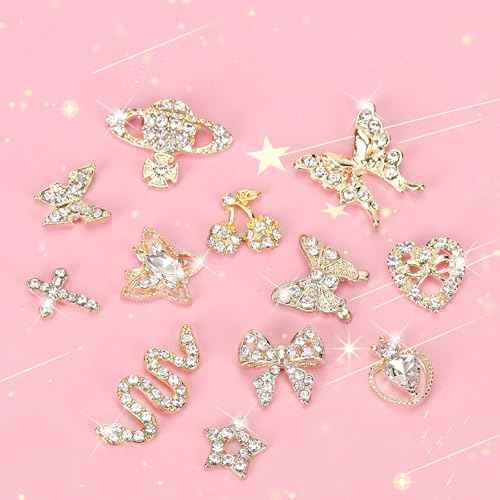 24PCS Nail Charms Y2k Alloy Nail Art Rhinestone Charms 3D Heart Bow Butterfly Charm with Rhinestones Cherry Nail Gems Shiny Jewelry Nail Decorations Accessories Supplies (SG)