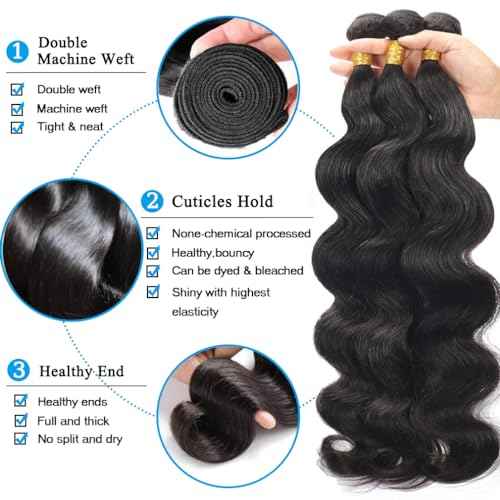 Cirvty 12A Human Hair Bundles 22 22 22 Inch Body Wave Bundles Human Hair Weave 3 Bundles Human Hair Weft Unprocessed Human Hair Bundles 100% Brazilian Human Hair Bundle Natural Black