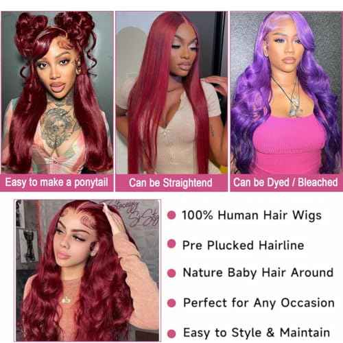 28 Inch 99J Burgundy Lace Front Wigs Human Hair Pre Plucked 13x6 HD Transparent Body Wave Lace Front Wigs 99j Burgundy Red Wine Glueless Frontal Human Hair Wigs for Women