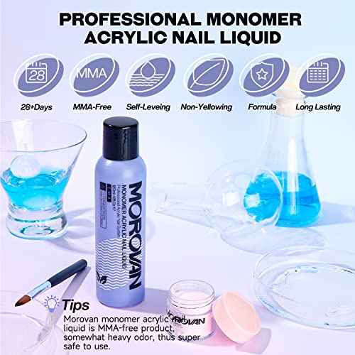 Morovan Monomer Acrylic Nail Liquid 4 oz: Acrylic Liquid Monomer for Acrylic Powder Acrylic Nail Extension with Acrylic Brush for Beginners DIY at home Non-Yellowing