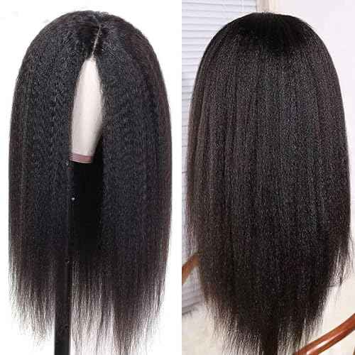 BLISSHAIR Yaki Kinky Straight Wigs Human Hair 13x4 Lace Frontal Wig Bob Wigs Human Hair Pre Plucked Density 100% Unprocessed Brazilian Hair Glueless Wigs for Women Natural Color (16Inch)
