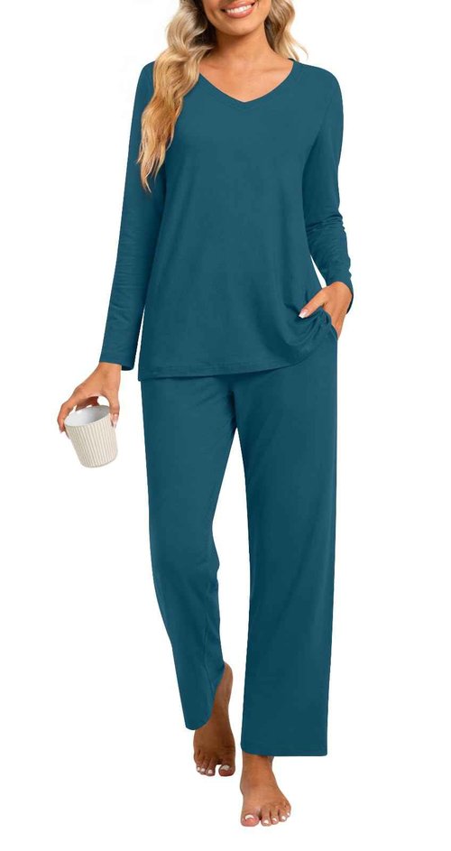 syoss Womens Pajamas Set 2 Piece Fall Long Sleeve Lounge Sleepwear Ladies Pjs Sets with Pockets M, Grayish blue
