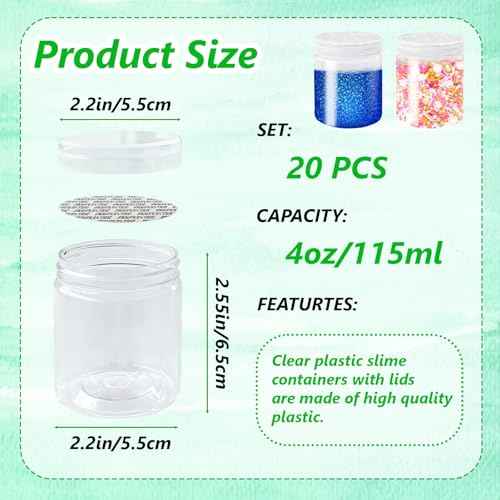 20Pack 4oz Clear Plastic Slime Containers with Lids,Round Refillable Travel Storage Sealed Jars Wide Mouth Container for Candy,Makeup,Cosmetics,Lotions,Eye Shadow,Cream,Butters