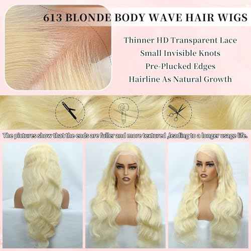 613 13x4 Lace Front Wig Human Hair 200 Density Blonde Body Wave Lace Front Wigs 13x4 Blonde Glueless Wigs Human Hair Pre Plucked 613 HD Lace Frontal Wig Human Hair for Women 24 Inch