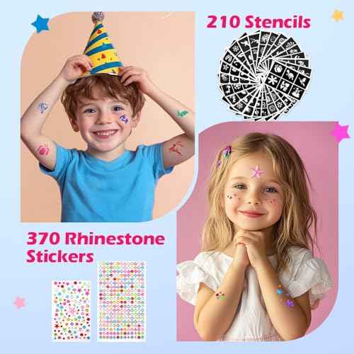 Temporary Glitter Tattoo Kids, Bledras 42 Glitter Colors Glitter Tattoo Kit,210 Unique Stencils,3 Glue,5 Brushes,6 Stickers, Glitter Tattoos for Kids,Adults,Boys Girls Birthday Party Halloween