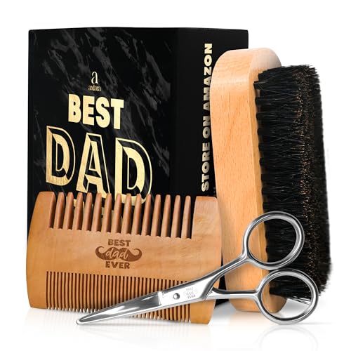 Christmas Dad Gifts from Daughter Son - Beard Kit for Men Grooming and Care with Brush, Comb, Scissors & Storage Bag - Best Dad Ever Gifts for Dads Father Stepdad, Beard Growth Kit for Men