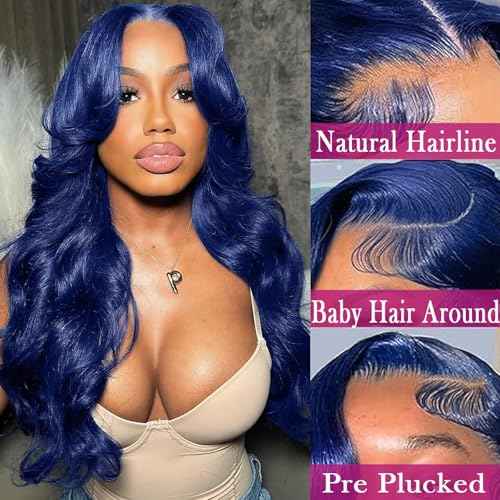Royal Blue Lace Front Wigs Human Hair 13x6 Lace Front Colored Wigs for Women Dark Blue Body Wave Glueless Human Hair Navy Blue Wig 26 Inch 200% Density