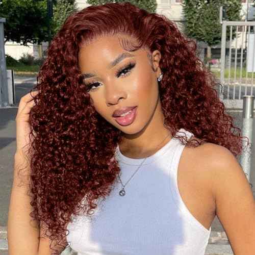 18 Inch Reddish Brown Curly Bob Wig Human Hair 13x6 Frontal Lace Wig 200% Density Lace Front Wigs Human Hair Pre Plucked Bob Wigs for Black Women 33#
