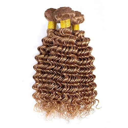 Color 27 Deep Wave Bundles Honey Blonde Human Hair 3 Bundles Brazilian 100% Unprocessed Virgin Extensions Double Weft Bundle 14 16 18 Inch