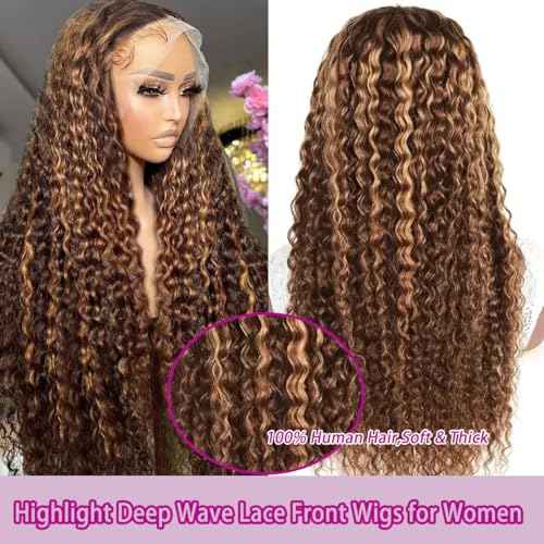 P4/27 Highlight Deep Wave Wig Human Hair 13X6 Highlight Lace Front Wig Human Hair 210% Density Ombre Curly HD Transparent Lace Frontal Wigs Human Hair Wet and Wavy Wig Pre Plucked 22 Inch