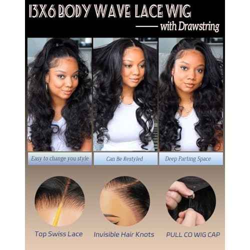 Sherico 13x6 Body Wave Lace Front Wigs Human Hair 180 Density HD Transparent Lace Frontal Wigs Human Hair Elastic Drawstring Glueless Wigs Human Hair Wig for Black Women(Black,22 Inch,body)
