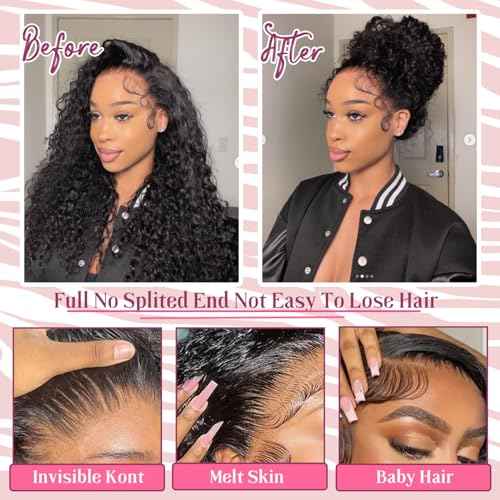 Hidden Strap 360 Lace Front Wigs Human Hair Deep Wave Wig with Drawstring Upgraded Full Lace Frontal Human Hair Wigs Pre Plucked 360 Deep Wave Lace Front Wigs For Black Women (18 Inch)
