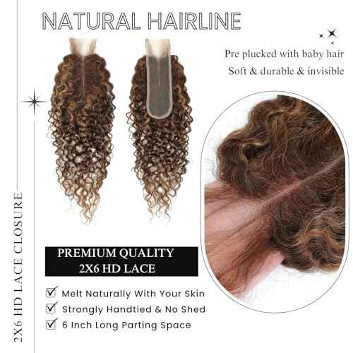 ALHER Long Deep Part 2x6 Closure Water Wave Honey Blonde Highlight, Ombre Brown and Blond Wet and Wavy 2x6 Kim K Lace Closure Pre Plucked With Baby Hair, #P4/27 Color Real Human Hair Closure 12 Inch