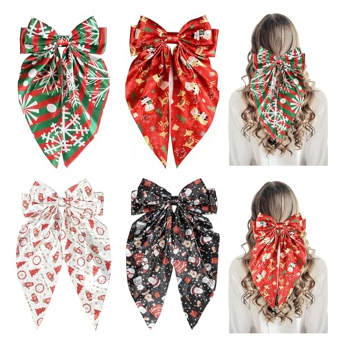 Christmas Silky Satin Hair Bows for Women,Big Ribbon Bow Hair Clips for Girls, Oversized Long Tail Hair Barrettes Cute Hair Accessories