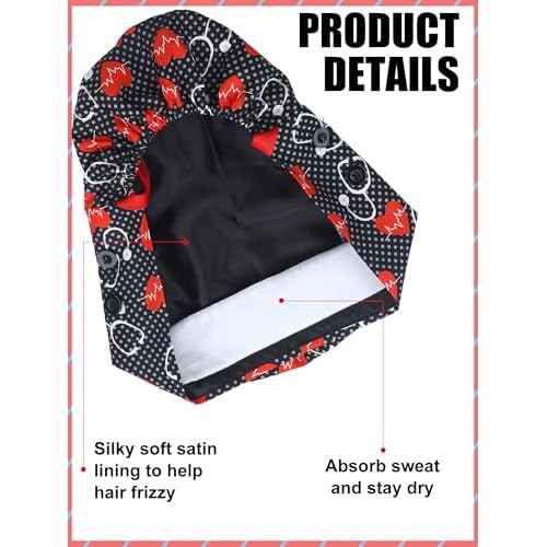 6 Pcs Satin Lined Scrub Caps Women Nurse Surgical Hat with Buttons Ponytail Working Adjustable Pouch Tie Back