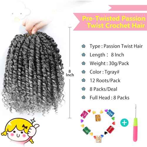 Fulcrum Passion Twist Hair 8 Inch, 8 Packs Passion Twist Crochet Hair for Black Women, Prelooped Crochet Twist Hair with Curly Ends (8Inch, Tgray#)