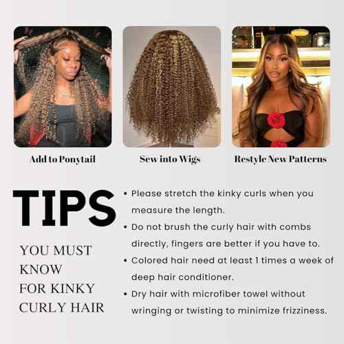 Thick Tracks Honey Blonde Highlight Tight Kinky Curly Human Hair 3 Bundles, 100% 12A Virgin Remy Brazilian Curly Bundles Human Hair #P4/27 Ombre Brown Colored Brazilian Weaves Sew In 14 16 18 In