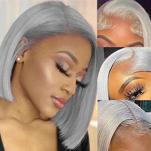 Grey Bob Wig Human Hair 180% Density 13x4 Transparent Lace Frontal Human Hair Wigs for Black Women Pre Plucked 100% Brazilian Virgin Human Hair 8 Inch Grey Color Glueless Short Bob Wig