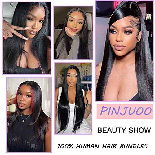 Straight Bundles with Closure (18 20 22+16 Inch) 100% Unprocessed Brazilian Remy Hair Weave 3 Bundles with 4x4 HD Lace Closure Free Part Natural Black Color Hair Extensions for Women