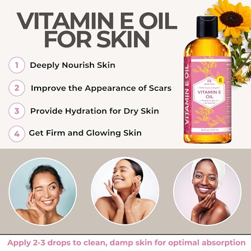 Bulk Vitamin E Oil by Leven Rose 75,000 IU per oz 100% Natural, Organic, Pure Vitamin E Oil for Skin, Face, Hair, and Nails, 16 oz