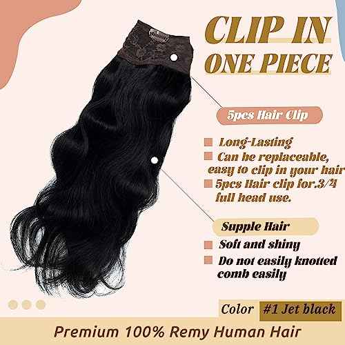 Body Wavy Black Clip in Hair Extensions Real Human Hair,Jet Black Double Weft 18inch 100% Real Hair Extensions Clip ins Jet Black One Piece with 5 Clips 3/4 Full Head Extensions for Short Hair