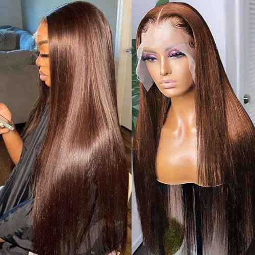 Chocolate Brown Lace Front Wig 26 Inch 13x6 HD Straight Lace Front Wigs Human Hair Pre Plucked 200% Density Glueless Frontal Wigs Brown Human Hair Wig for Women