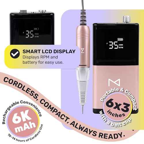 M - E-ZDrill Rechargeable Electric Nail Drill, 35k RPM, Smart Speed & Battery LCD, Portable Lightweight, Forward/Reverse, Aluminum Metal, Acetone Resistant Nail Drill (Rose Gold)