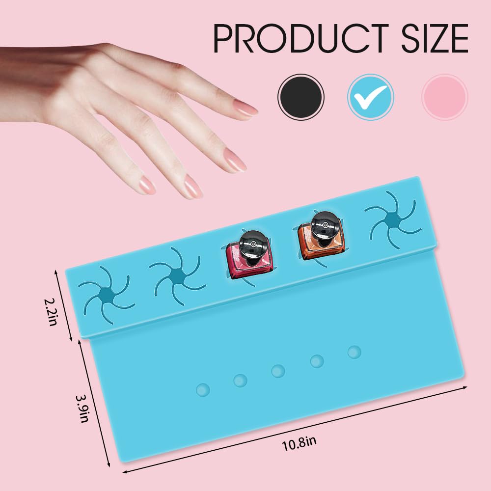 Nail Polish Holder 2 in 1 Silicone Fingernail Painting Tools Nails Art Accessories Organizer Case Set Hand Rest Mat with Anti-Spill Bottle Stand and Finger Separators for Pedicure Manicure (Blue)