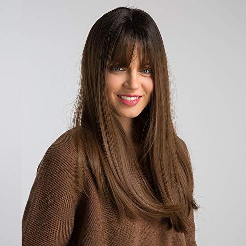 HAIRCUBE Brown Wigs for Women Highlight Color Wigs Synthetic Women's Wig Long Straight Layered Heat Resistant Wig Natural and realistic (167-12/35)