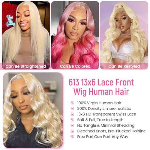 613 Lace Front Wig Human Hair 200 Density 13x6 Body Wave Blonde Wig Human Hair 613 HD Blonde Lace Front Wigs 613 Lace Frontal Wigs Pre Plucked for Women (24 Inch)