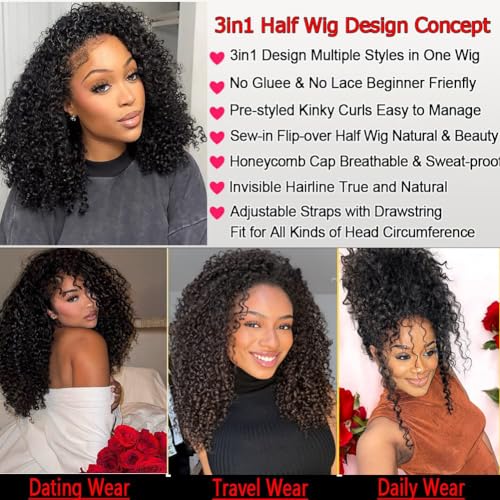 Curly Half Wig 200% Density Kinky Curly Half Wig 3 In 1 Seamless Flip Over Glueless Wigs Human Hair with Drawstring Beginner Friendly Curly Wig Headband Wig for Women Daily Wear