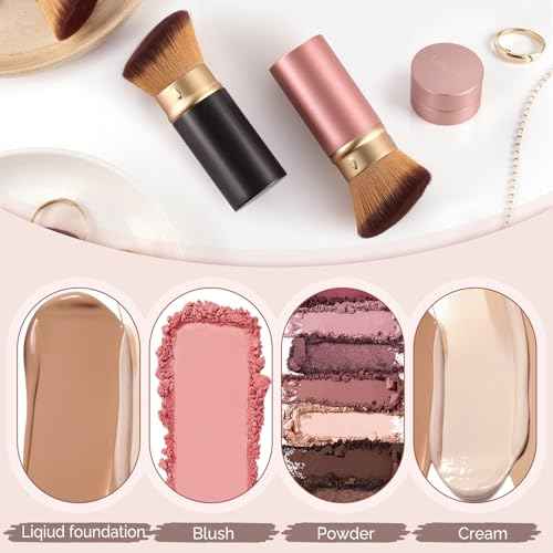 Retractable Kabuki Makeup Brush - All-in-One Travel Foundation, Powder, Blush, Liquid & Cream Face Brush | Portable & Easy to Use for Women & Beginners (Rose Gold)