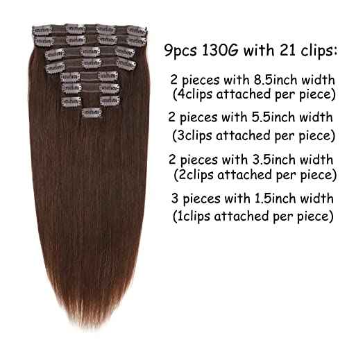 Clip in Hair Extensions Real Human Hair 9pcs 130g Dark Brown Hair Extensions Straight Natural Soft Human Hair Extensions Thick Remy Straight Clip in Hair Extensions 18inch Dark Brown