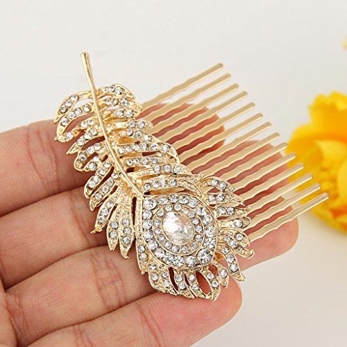 EVER FAITH Gold-Tone Austrian Crystal Wedding Peacock Feather Hair Side Comb Clear