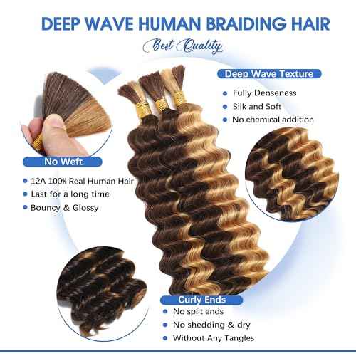 Human Braiding Hair for Boho Braids Human Hair Highlight No Weft Hair Extensions for Braiding Knotless 12A Deep Wave Bulk for Brazilian Virgin Ombre Balayage 3 Bundle£¨20Inch 120g£©