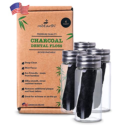 rebEarth Natural Deep Clean Charcoal Floss - Oral Care Dental Floss w/Mint Flavor, 30m Tooth Floss in Glass Container, Bamboo Floss w/Reusable Floss Container, Smooth & Shred Resistant (Pack of 4)