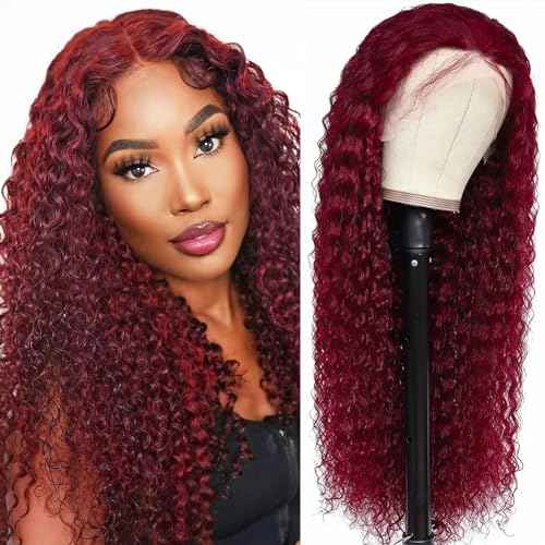 DJFG Deep Wave Lace Front Wigs Human Hair Curly Wig Human Hair HD Frontal 200 Density 13x6 Lace 99j Burgundy Red 20 Inch