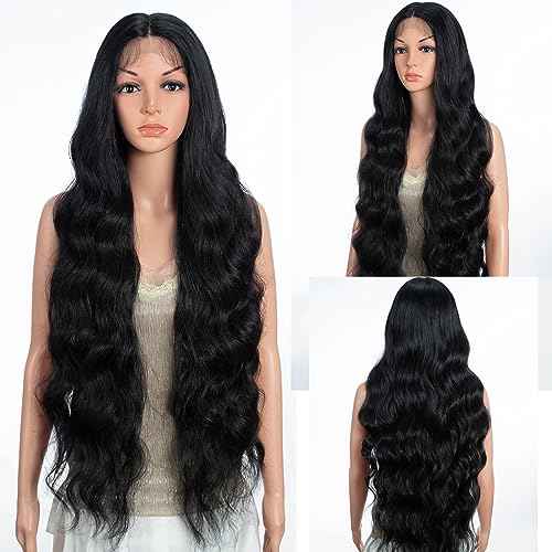 D?BUT 13x4 T Part Lace Front Body Wave Synthetic Wig Extra Long Wavy Middle Part Wigs Pre Plucked Hairline with Baby Hair 36 Inches 1B Color
