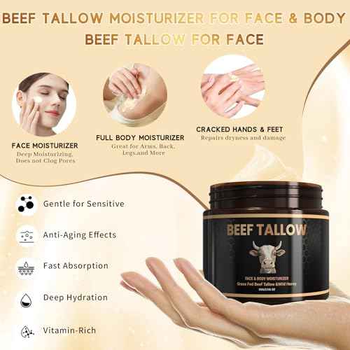 Beef Tallow for Skin, Grass-Fed Beef Tallow and Honey Balm with Olive Oil, Whipped Face Moisturizer Cream for Body, Natural Formula for Dry & Sensitive Skin, Light Scent (2.11, Unscented)