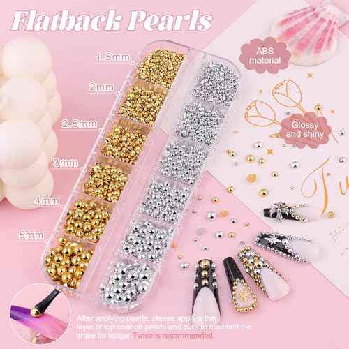 Flatback Pearls and Metal Nail Beads for Nail Art (Silver+Gold), Luxurious Pearl Nail Charms and Small Round Caviar Beads Nail Accessories for Acrylic Nail Tips Manicure Decor