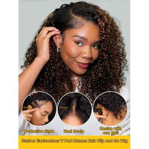 Sunber EasiContour V Part Human Hair Ombre Chestnut Brown Curly Glueless Wig Upgrade Vpart Wigs No Leave Out No Gel 180% Density V Shape Clip Wigs No Sew in Ready to Go Beginner Friendly 18Inch